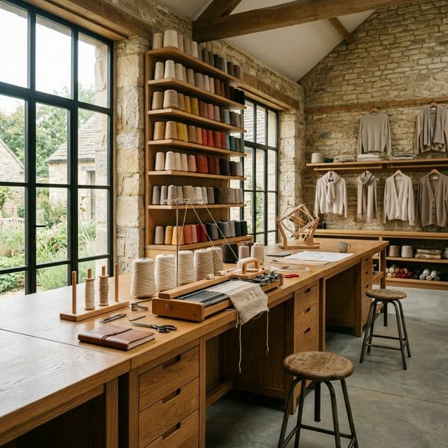 Atelier interior with natural light on workbenches