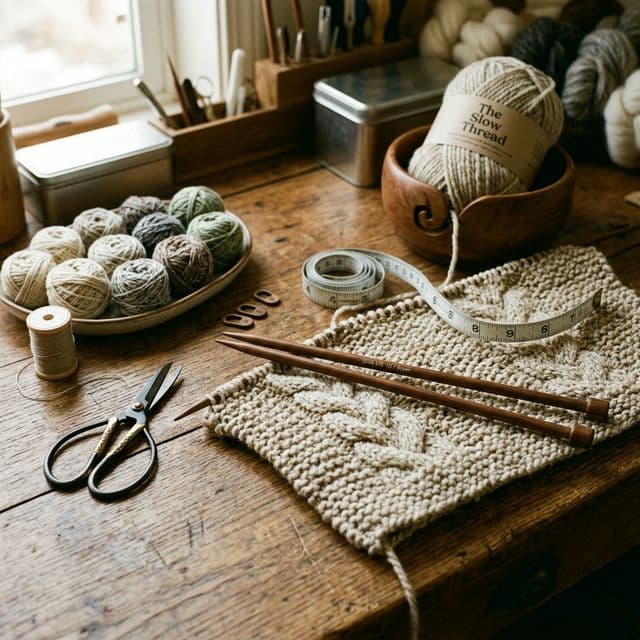 Close-up of workbench with yarn and panel tools